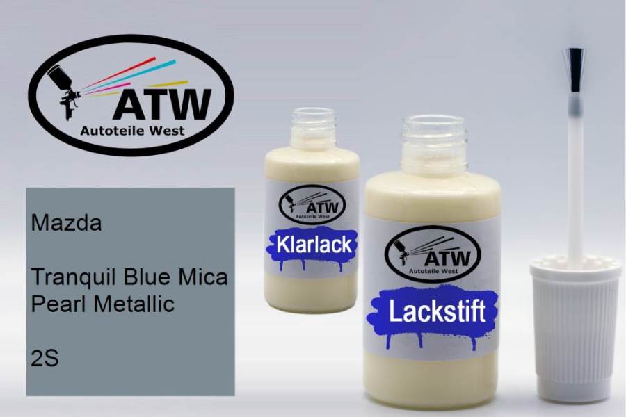 Mazda, Tranquil Blue Mica Pearl Metallic, 2S: 20ml Lackstift + 20ml Klarlack - Set, von ATW Autoteile West.